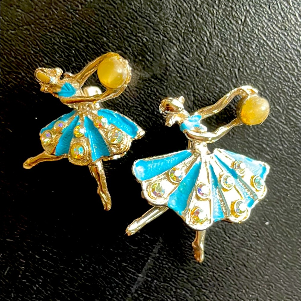 Vintage 60s Blue Ballerina pins with rhinestones and pearls. No missing stones.